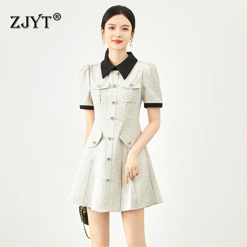 

ZJYT Women's Lapel Collar Hit Color Mini Dress Summer 2024 Fashion Short Sleeve Buttons Aline Casual Daily Party Dresses Elegant