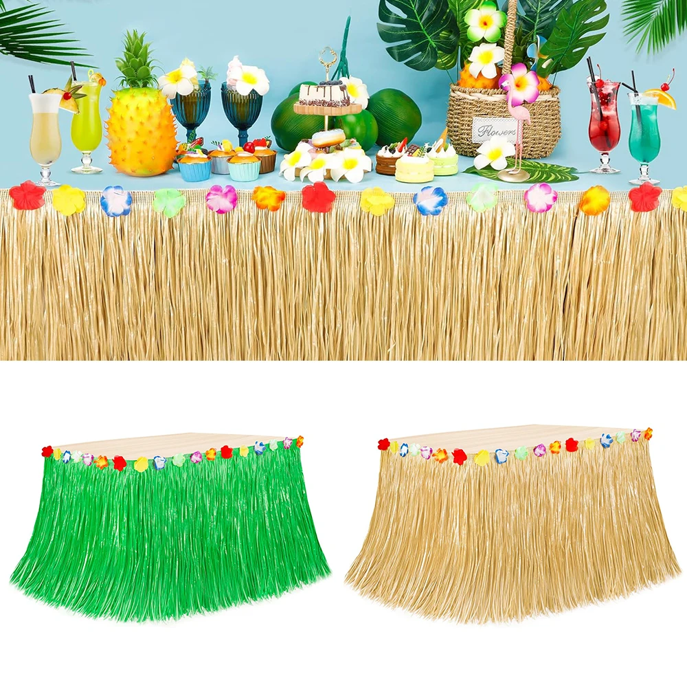 Saia de mesa de palha havaiana dourada tropical luau grama verde saia de mesa verão mar praia hula festa de casamento decoração de festa de aniversário