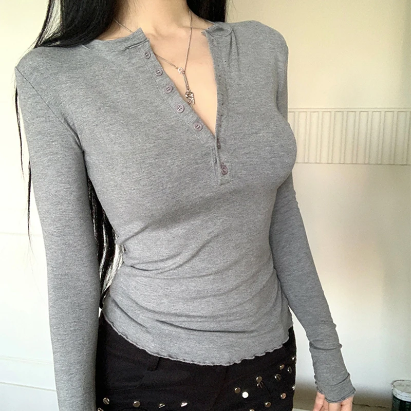 White T Shirt For women Button Fashion Tops 2025 Spring Y2K Woman Clothing Long Sleeve Tee Shirt Femme Sexy Slim Tshirts Mujer