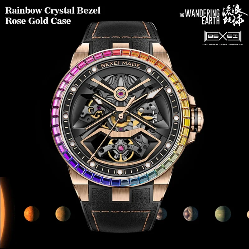

BEXEI 2025 The Wandering Earth for man mechanical 5ATM Automatic movement 80H Rainbow Crystal Bezel