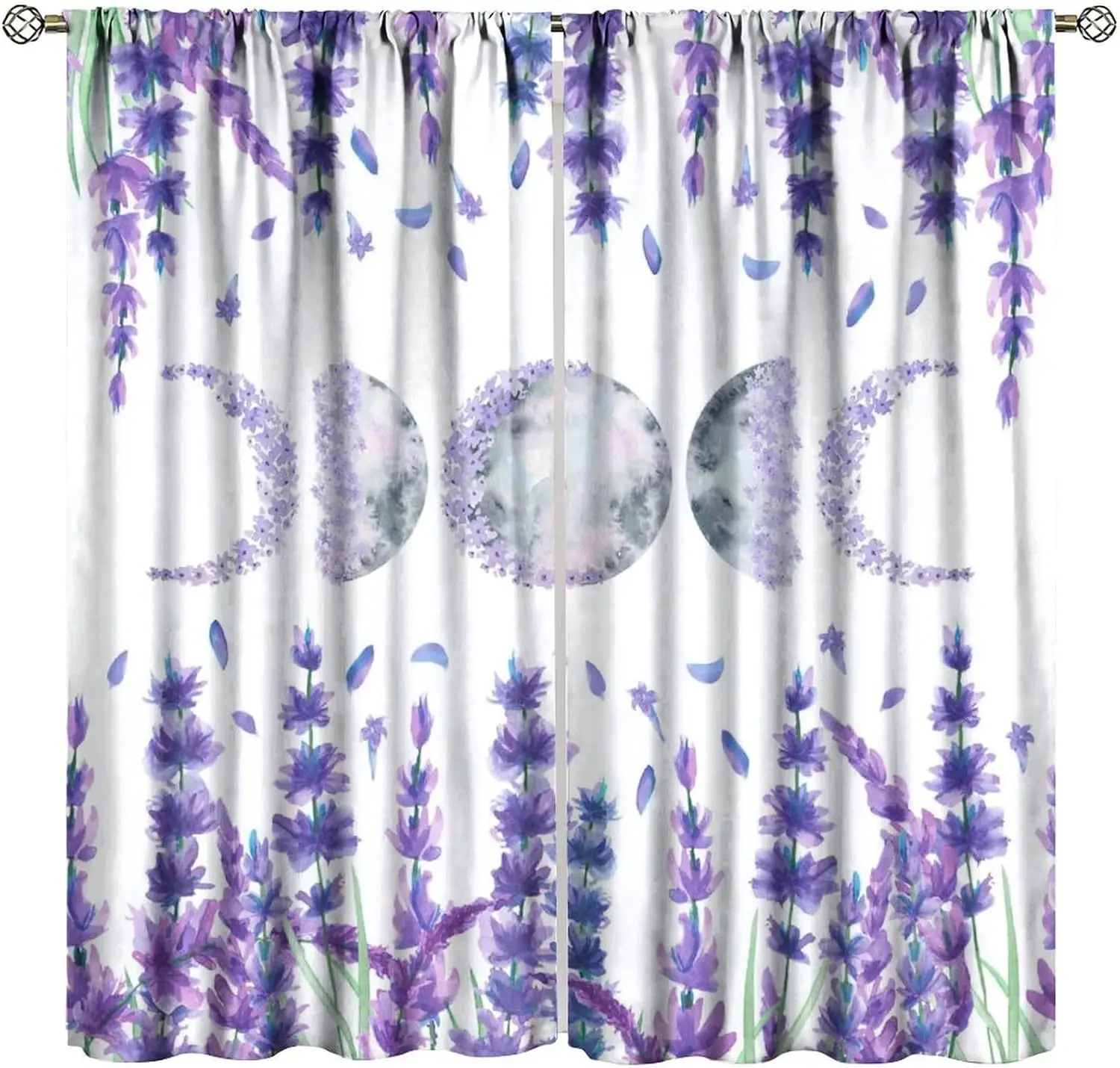 Mystical Floral Blackout Curtain White Watercolor Lavender Moon Cycle Purple Flower Rod Pocket Panels Soft Boho Bedroom Decor