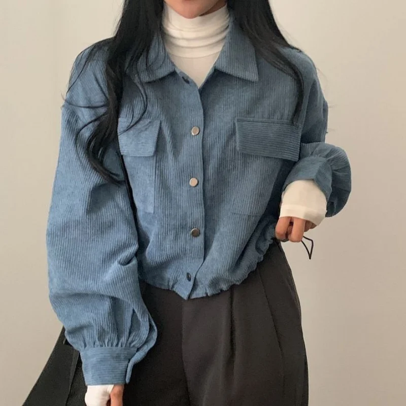 Cropped Jackets Women Vintage Chic Korean Fashion Loose All-match Casual Harajuku Spring Solid Corduroy Coats Streetwear College