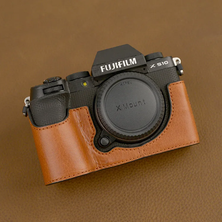 Chất Lượng Cao Handmade Da Thật Chính Hãng Da Nửa Túi Máy Ảnh Dành Cho Máy Ảnh FUJIFILM X-S10 Với Pin Mở Cửa