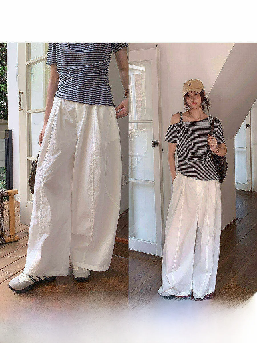 

Linyunyun White Casual Pants Women's Summer Fashion Straight Leg Wide Leg Pants High Waist Zipper Closure Comfortable Fit