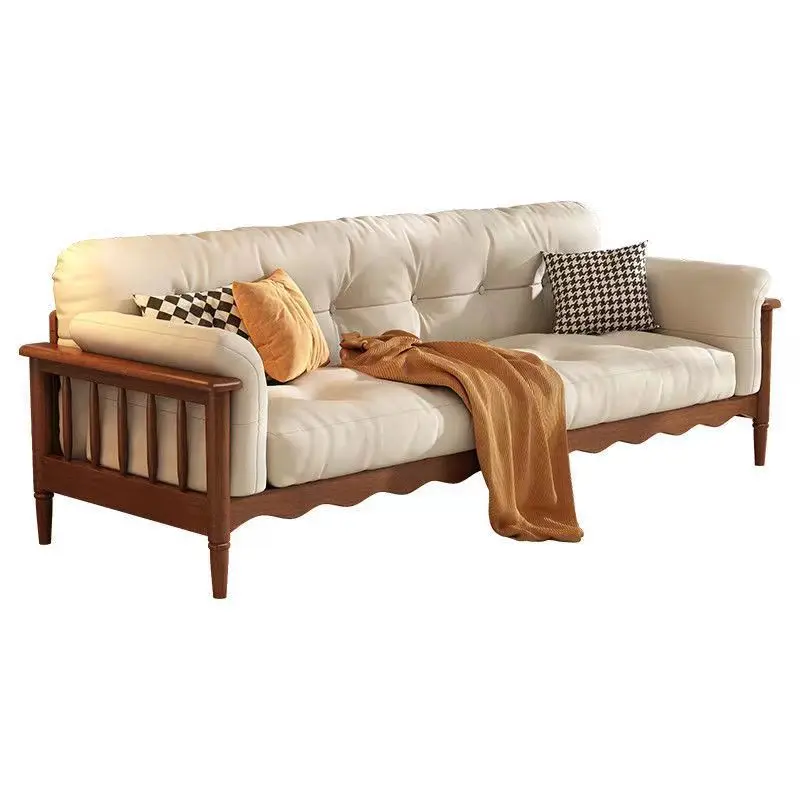 

French solid wood cloud sofa retro style three-person small apartment fabric sofa