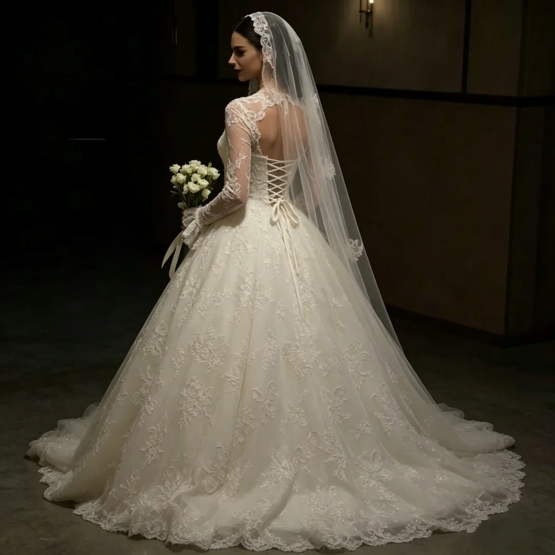 Custom 2026 New Lace Ball Gown Wedding Dress Long Sleeve Illusion Neck Corset Back Cathedral Train Bridal Gown