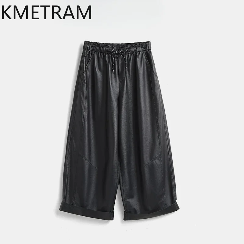 KMETRAM Uncoated Ultra Light &Thin Sheepskin Genuine Leather Pants Wide Leg Pants for Woman High Waist Trousers Slim Pantalon 바지