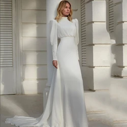 Customized Modern High Neck White Chiffon Wedding Dress Women Long Lantern Sleeve Pleats Sheath Bride Gown Button Sweep Train