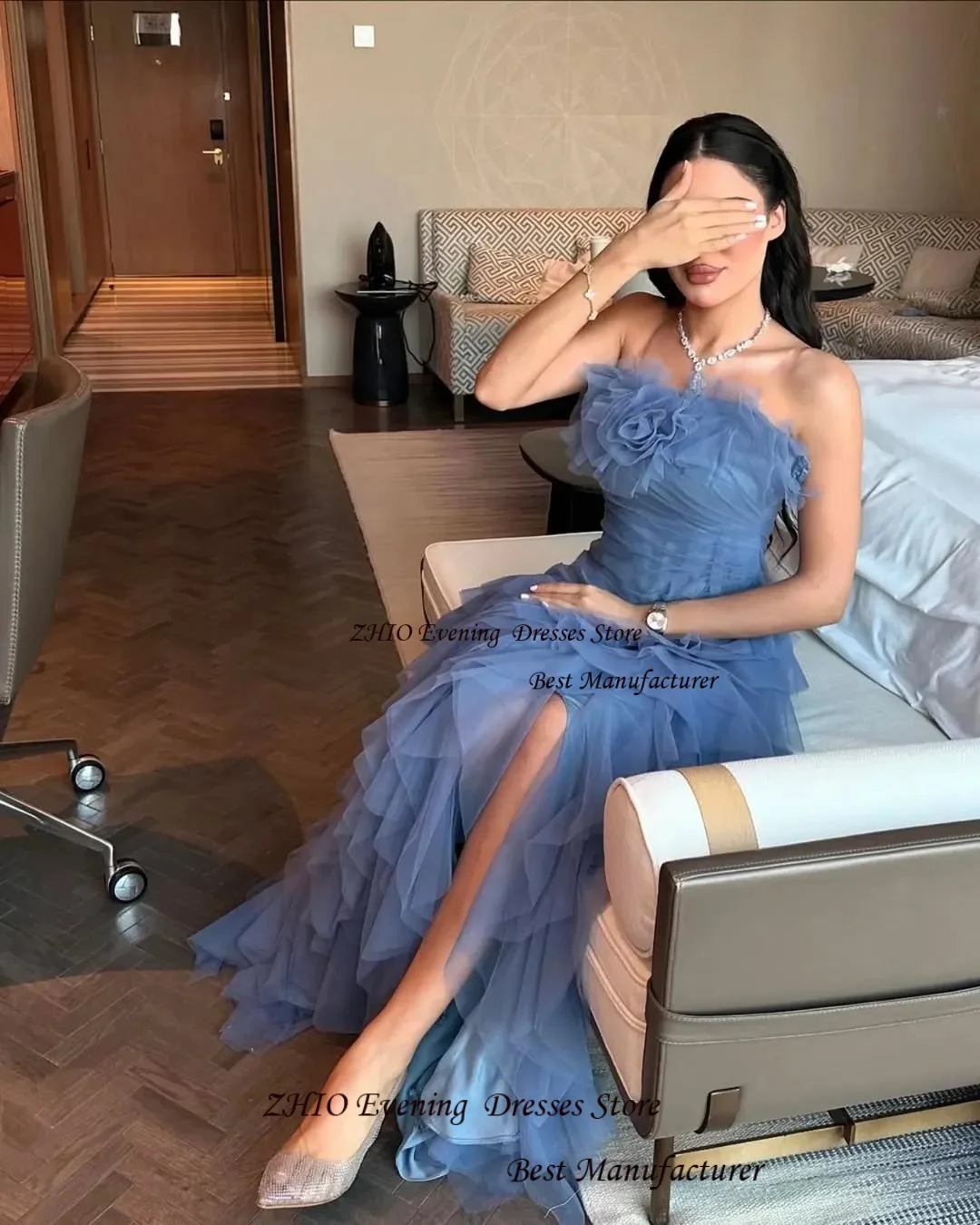 ZHIO élégant à plusieurs niveaux Tulle une ligne haute fente robe de soirée robes fleur froncé longueur de plancher sans manches bretelles robes de bal