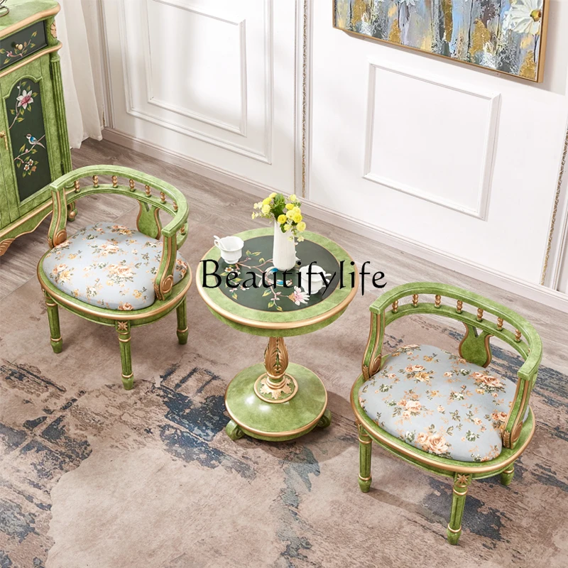 French Painted Flower and Bird a Table with Two Chairs Solid Wood Single Sofa Conference Chair Green round Table