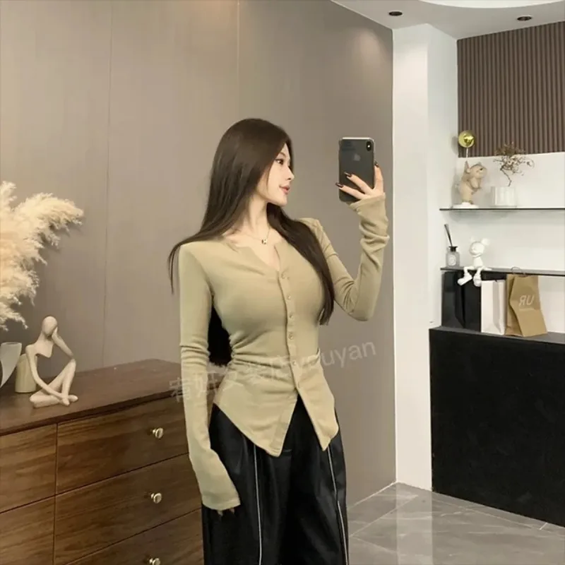 Hot Girl V Neck Button Long Sleeve Top Irregular Split Hem Waist Slim Stretch Women Blouse