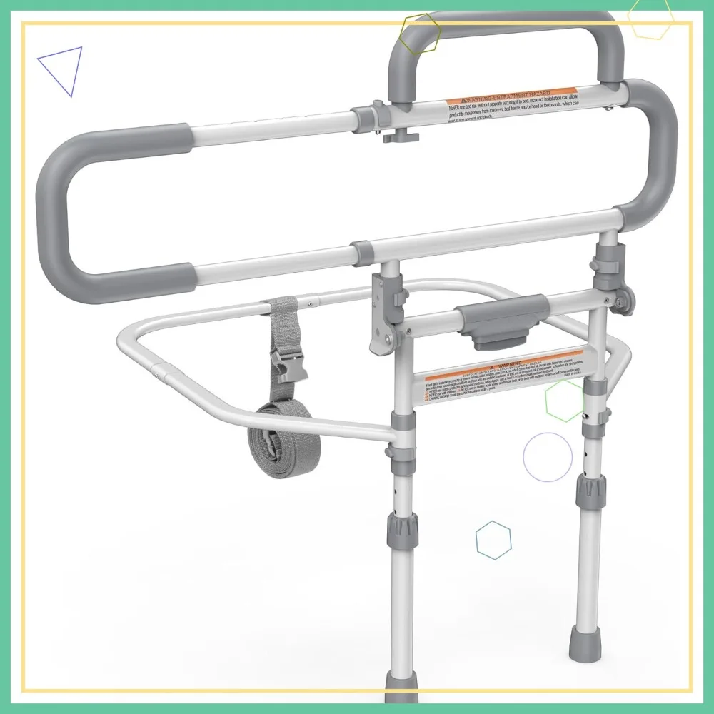 

Складная безопасная опора для кровати для пожилых людей с регулируемой высотой, карманом для хранения, подходит для всех размеров кроватей — белый и серый