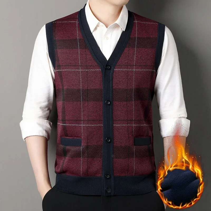 New Men's Sweater Vest Warm and Slim Fit Knitted Vest Autumn and Winter V-neck Cardigan Sweater