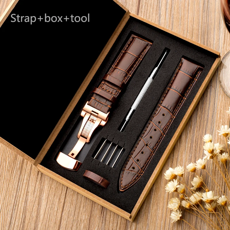 Watch Band Strap Butterfly Pattern Genuine Leather Deployant Buckle Bracelet Brown Black Watchbands 12-24mm