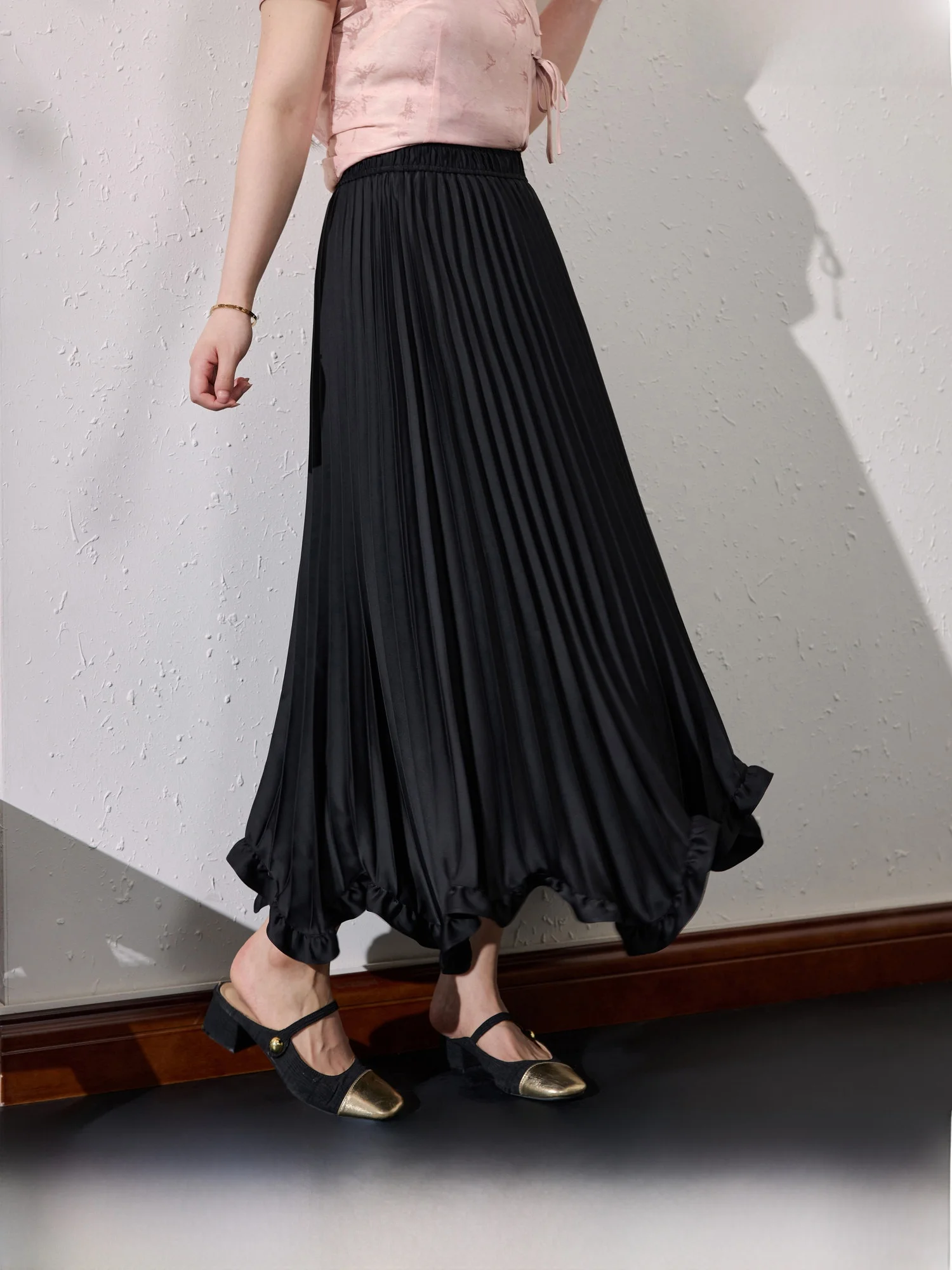 

Blue Language plus Size Women's Design Double-Sided Satin Pleated Skirt Slimming Gored Skirt Wood Grain Summer 2026