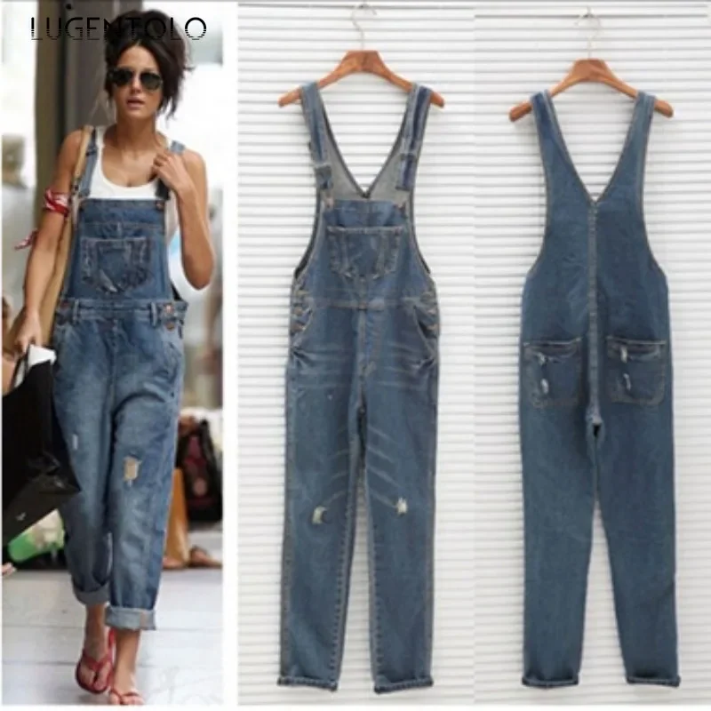 Women Overalls Denim Jumpsuits Hole New Fashion Sleeveless Pocket Female Straight Leg Street Casual Trousers Clothing