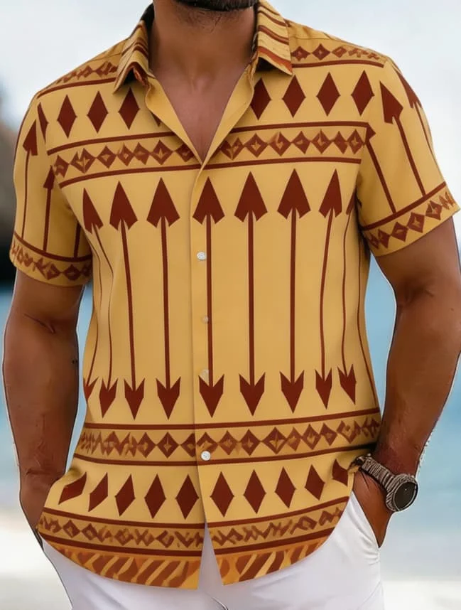 

Men's Polynesian Tribal Totem Print Shirt, Vintage Ethnic Style for Summer Holiday, Beach Trips, Daily Outings & Casual Wear