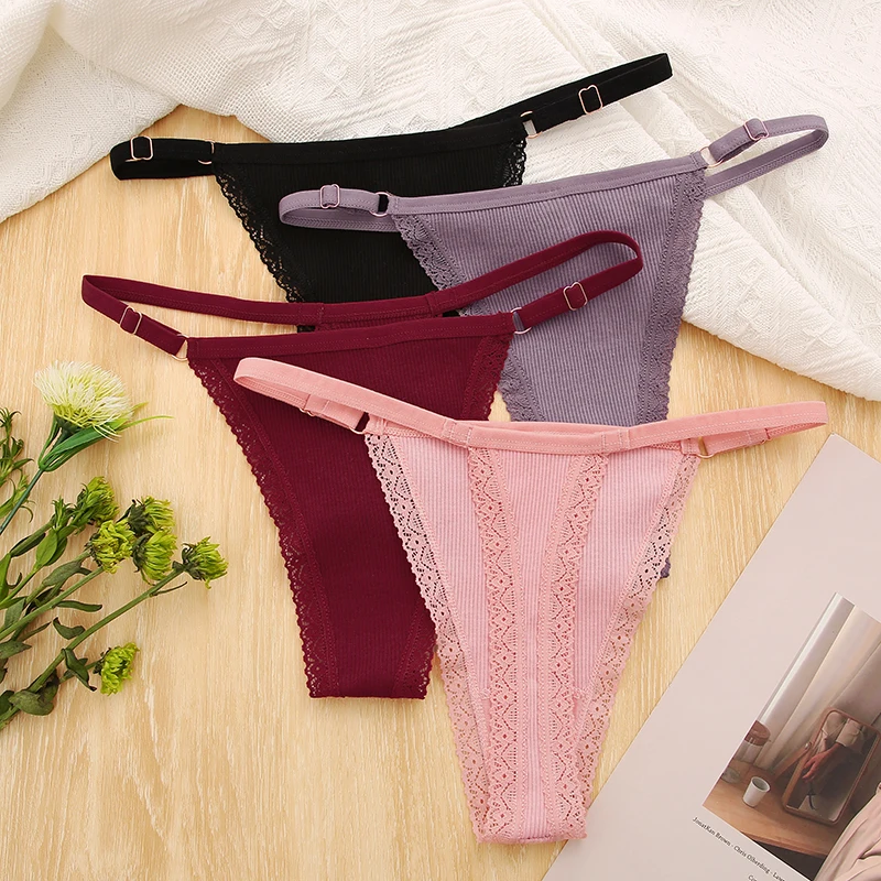 2PCS/Set Cotton Women\'s Panties Sexy Lace Thongs Woman Adjustable Low Waist Underwear Women Lingerie Intimates S-XL