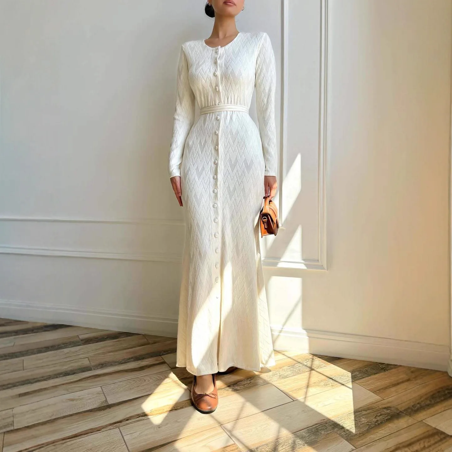 Damen Strickkleid Rundhals Einreihig Gestricktes Langes Kleid mit Schnürung Maxi-Kleid für Bürodamen Frühling Herbst Vestidos 2026