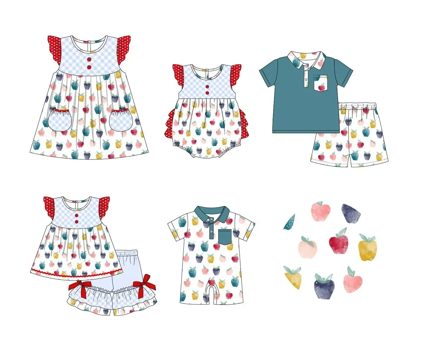 

Back to school boutique pearl apple printed pocket shorts bow girl boy printed shorts set baby romper dress