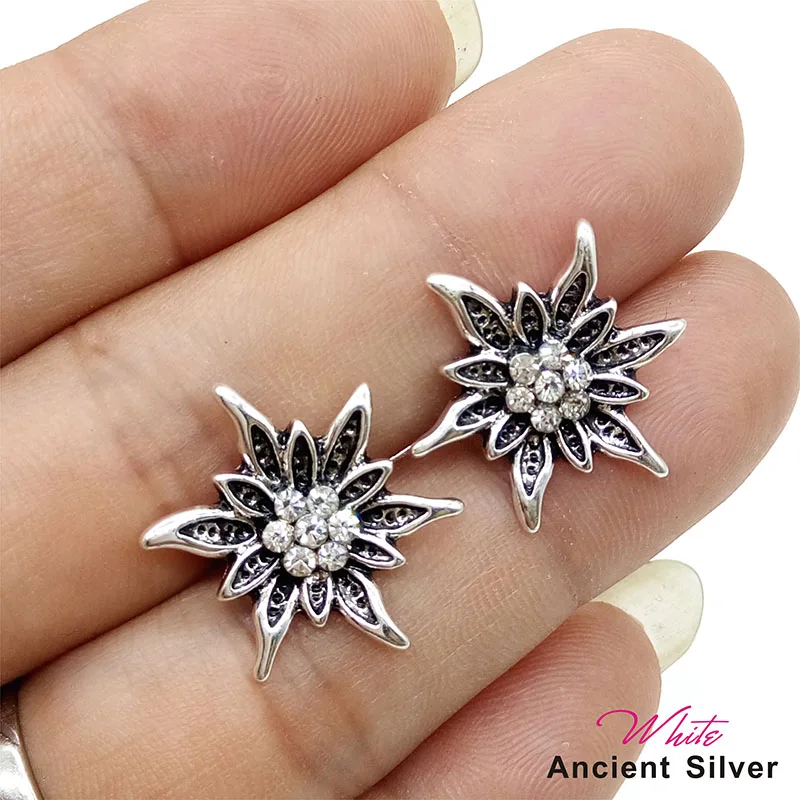 Vintage Colored Rhinestone Stud Earrings Personalized Fashion Engraving Edelweiss Wommen Girl Eardrop Party Jewelry Wholesale