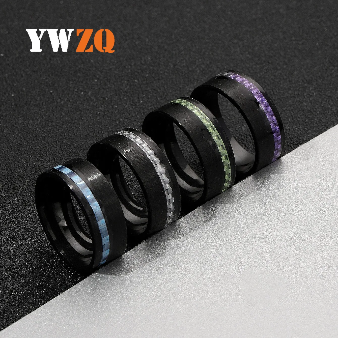 1pcs New Multi Size Fashionable Commuter And Simplicity Carbon Fiber Side Edge Stainless Steel ring, multi-color Ring Unisex