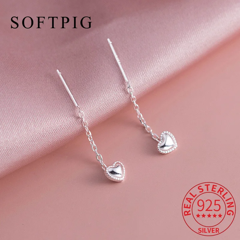 SOFTPIG Genuine 925 Sterling Silver Heart Short Chain Tassel Stud Earrings for Women Cute Fine Jewelry Light Luxury Accessories