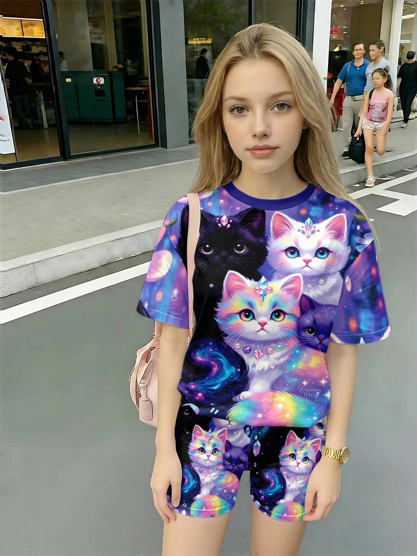 Dreamy Starry Night Cat Print Casual Set for Women - Ideal for Home Exercises or as an Outerwear. Suitable for Birthday Gifts.