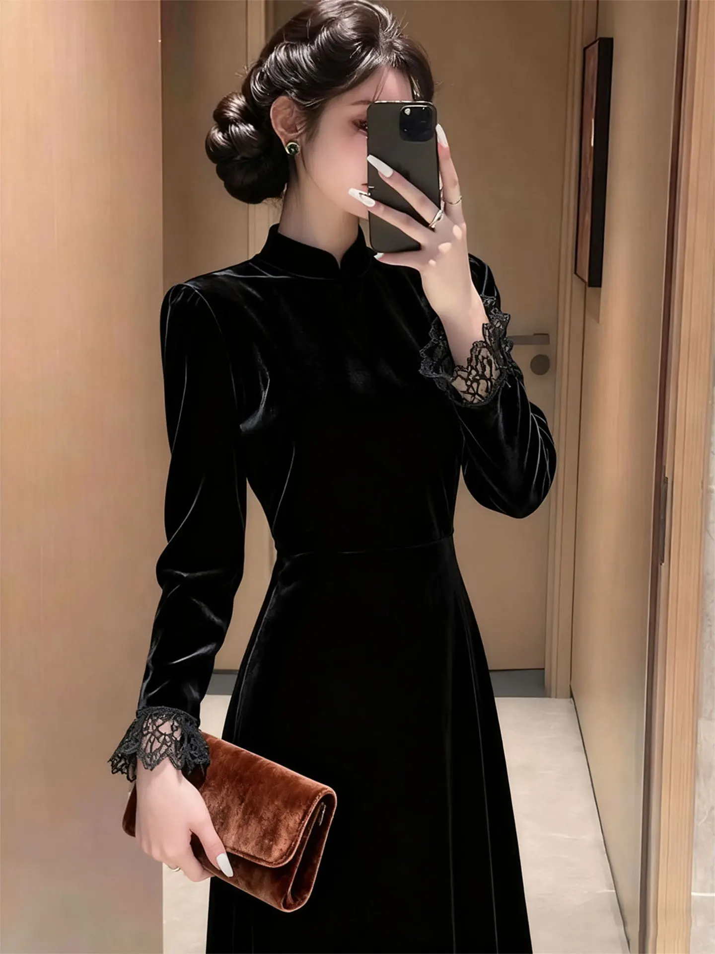 

Velvet Birthday Dress Elegant High Waist A-Line Skirt Long Sleeve Formal Party Wear for Women Mature Chic Ladylike Style