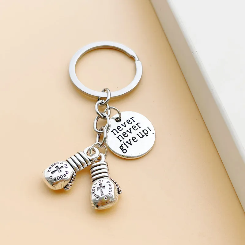 Cute never never give up!  Boxing Gloves Key Chain Inspirational Boxer Sports Men Boy Keyring