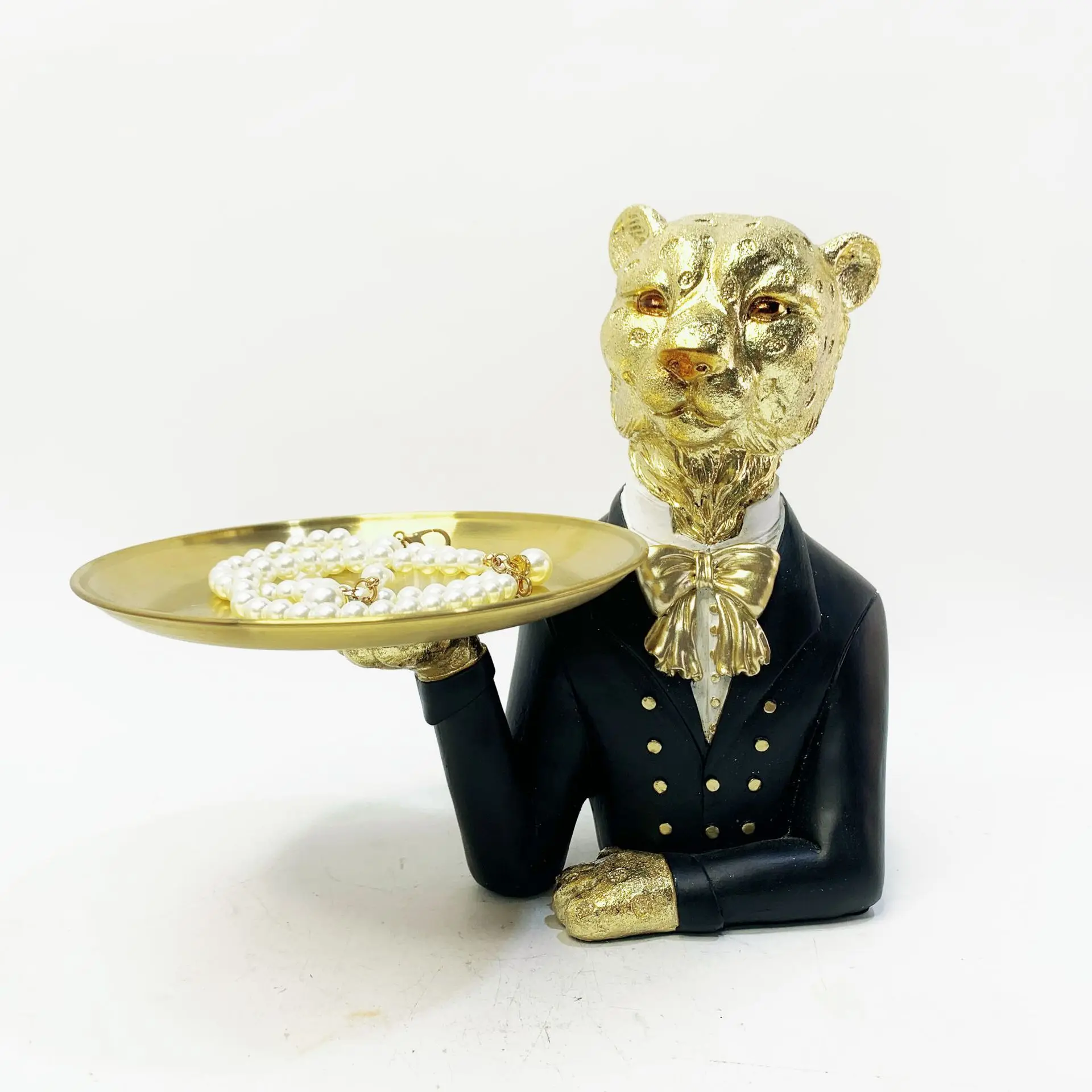 Resin Handicrafts Golden Leopard Tray Evening Dress Leopard Figure Cheetah Desktop Storage Container Candy Tray Jewelry Dish