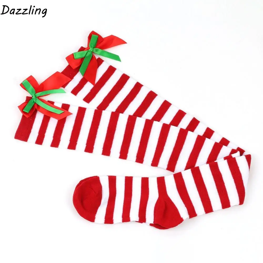 

Мягкие модные чулки до бедра контрастного цвета с бантиками в полоску, зимние гольфы, чулочно-носочные изделия, рождественские носки, женские чулки