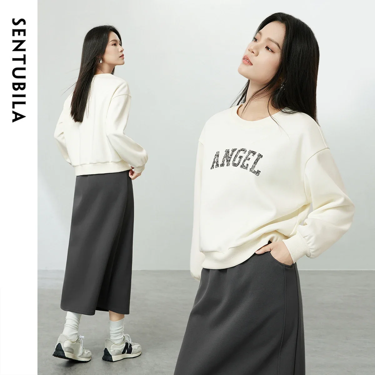 

SENTUBILA Cotton Two Piece Set Women Printing Crop Sweatshirt Straight Elastic Waist Skirts Simple Cozy Clothing Sets 141Z53804