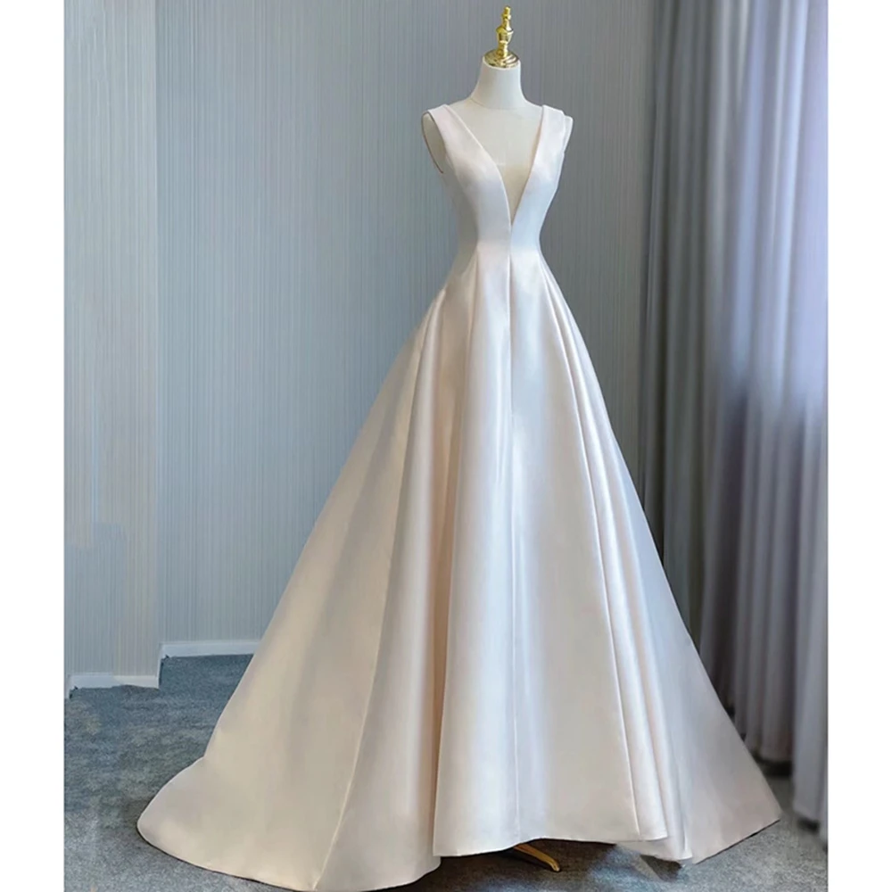 Satin V-neck A-LINE Wedding Dresses with Bow Backless Bridal Gowns Customized