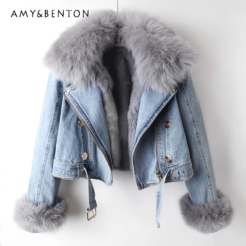 

Autumn Winter Fox Fur Collar Rabbit Fur Thickened Denim Jacket Commuter Fashion Plush Splicing Long Sleeve Casual Shorts Jackets