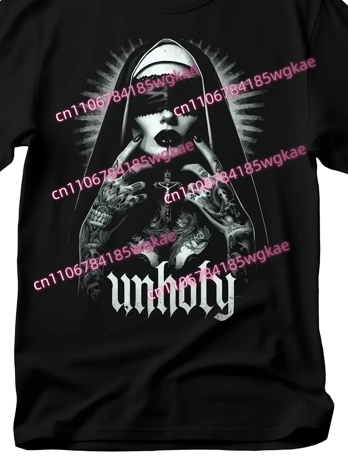 

Cult Nun Gothic Horror T-shirt - Avant-garde tattoo nun Baphomet design, 100g180g crew neck short-sleeved T-shirt