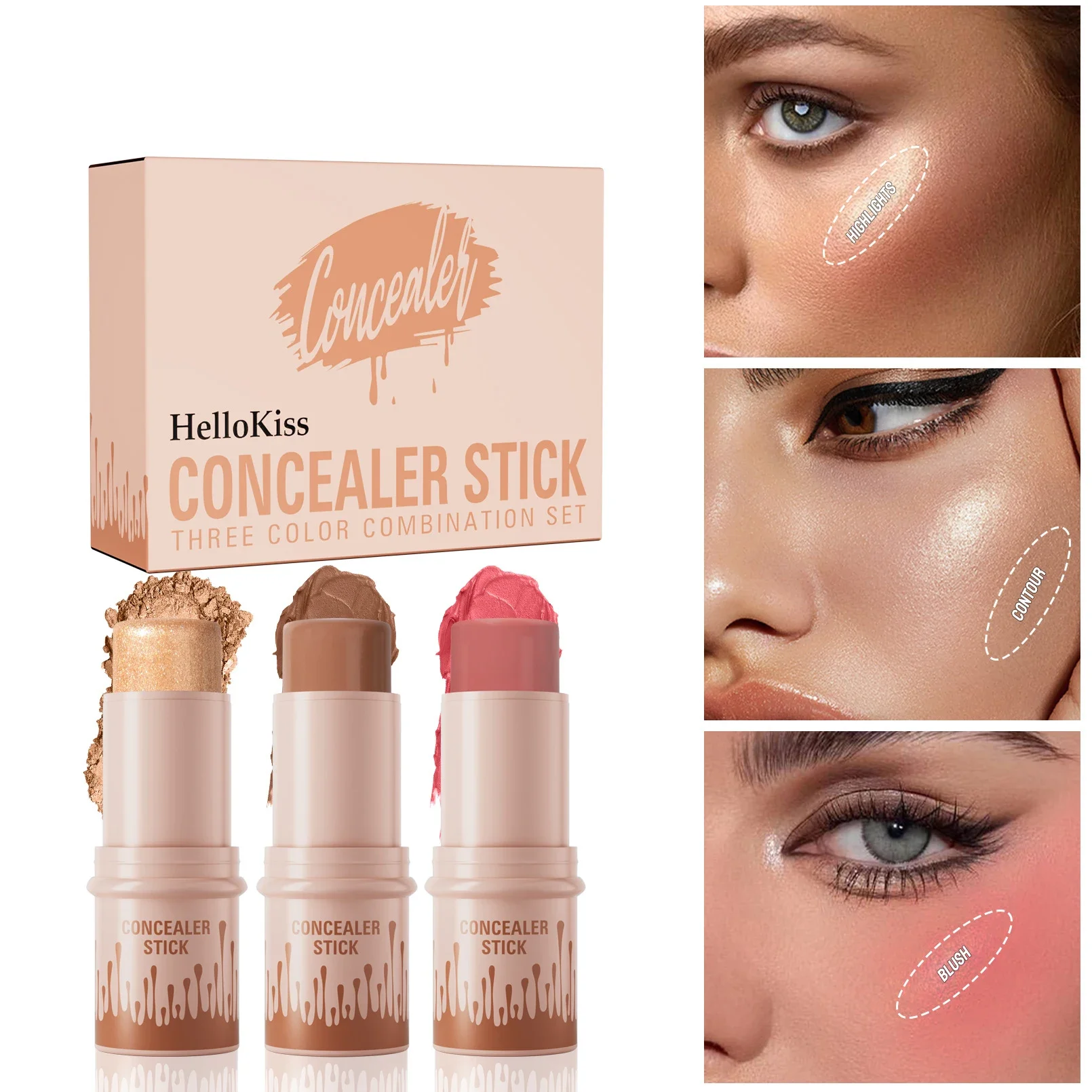 Maquillaje cara contorno Stick 3 Set acabado mate Natural resaltadores brillo sombra colorete Rouge varita de contorno impermeable