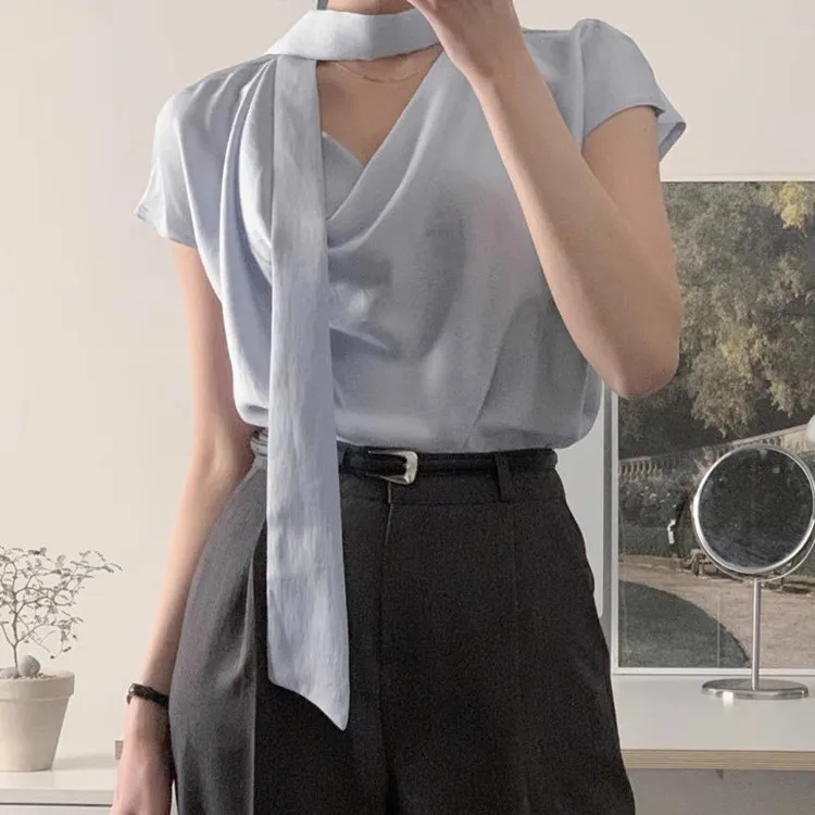 

French Style Loose Fit Shirt Women's Summer New Design Sensation Small Audience Atmosphere Sense Sash Fly Sleeve Top