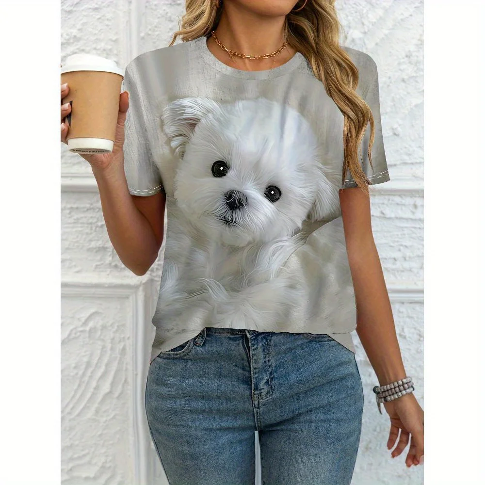 Adorable Yorkshire Terrier Dog Print, Soft Polyester Blend Crew Neck Tee for Casual Attire, Ladies T Shirts
