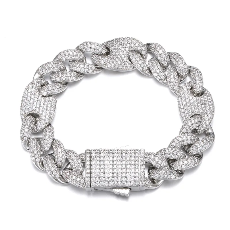 

HIP Hop Claw Set 3 Row CZ Stone Bling Iced Out 15mm Coffee Beans Round Cuban Link Chain Bracelet for Men Rapper Jewelry Gift