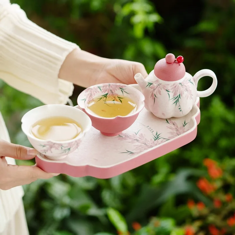 Hand-painted woolen wisteria tea set, gift ceramic one pot and two cups gift box, high-value birthday gift for girls