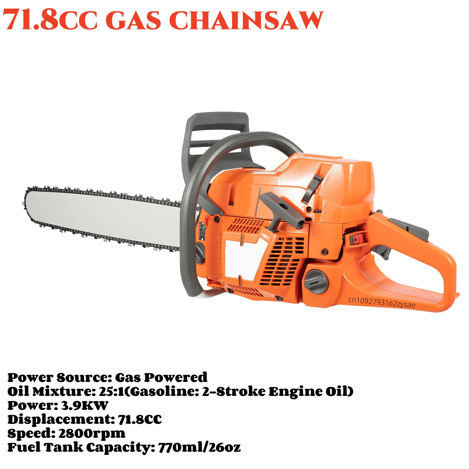 

71.8cc Gas Chainsaw with 24-Inch Alloy Guide Bar – 3.9KW High-Power, Lightweight 20.6lbs, Safety Brake for Heavy-Duty Cutting