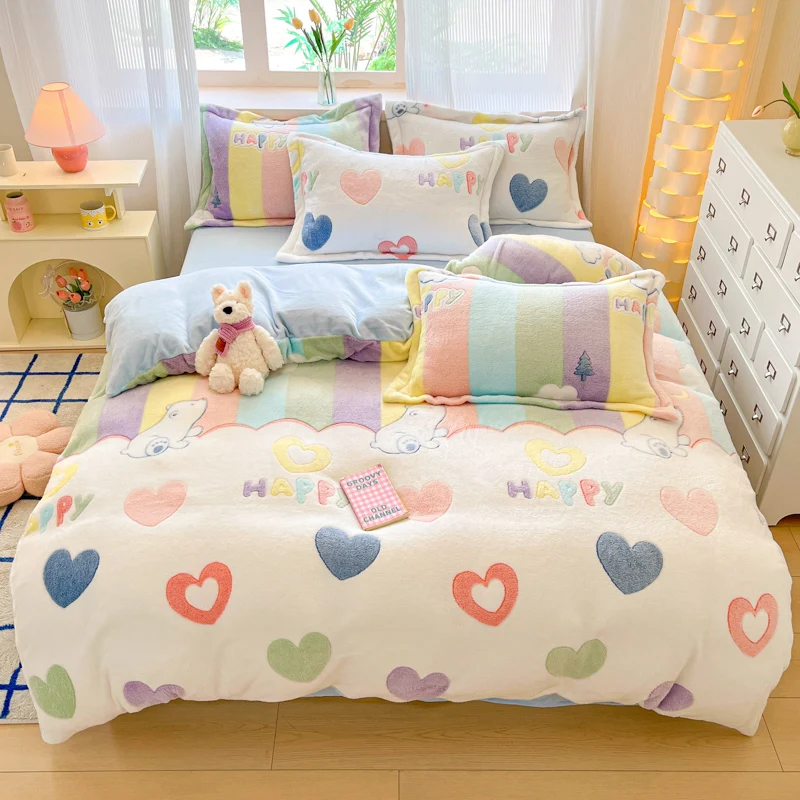 Winter Flannel Pink Heart Duvet Cover Animals Bear Soft Warm Keep Warm Bed Quilt Covers Milk Velvet Queen King Bed Home Textiles