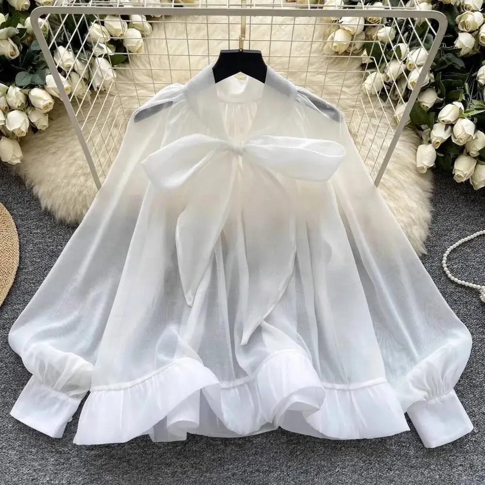 Vintage Light Ripe Wind ขั้นสูงเสื้อชีฟองพัฟเสื้อ \ \ \ \ \ \ \ \ \ \ \ \ \ \ \ Bow หลวมตาข่าย Elegant เสื้อ Office Lady เกาหลี Blusas