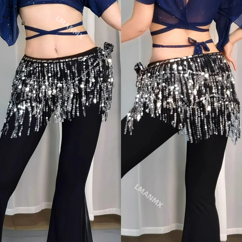 Belly dance waist chain new shiny piece tassel hip scarf Jazz dance square dance belt versatile performance waist scarf
