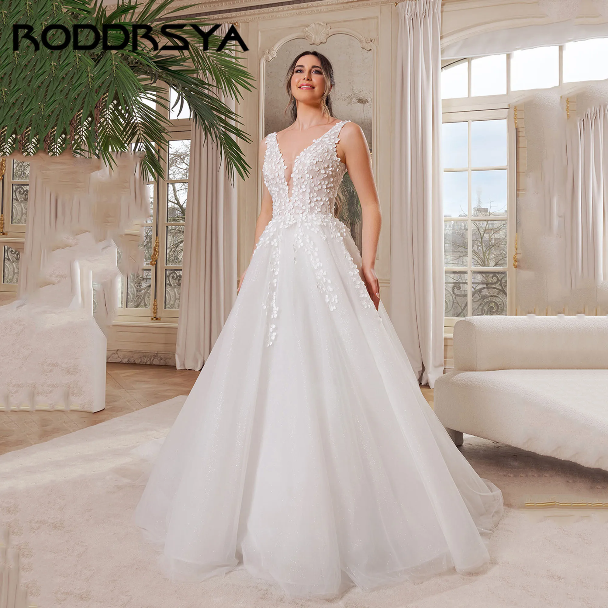 

RODDRSYA Elegant V-Neck Bridal Dress A-Line Sleeveless Appliques Pastrol Wedding Gown Backless Tulle vestido de novia Customized