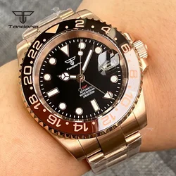 Tandorio-Reloj de buceo automático para hombre, cronógrafo con revestimiento de oro rosa, 200M, GMT NH34A, 120 clics, bisel giratorio, corona de tornillo, cristal de zafiro, fecha automática