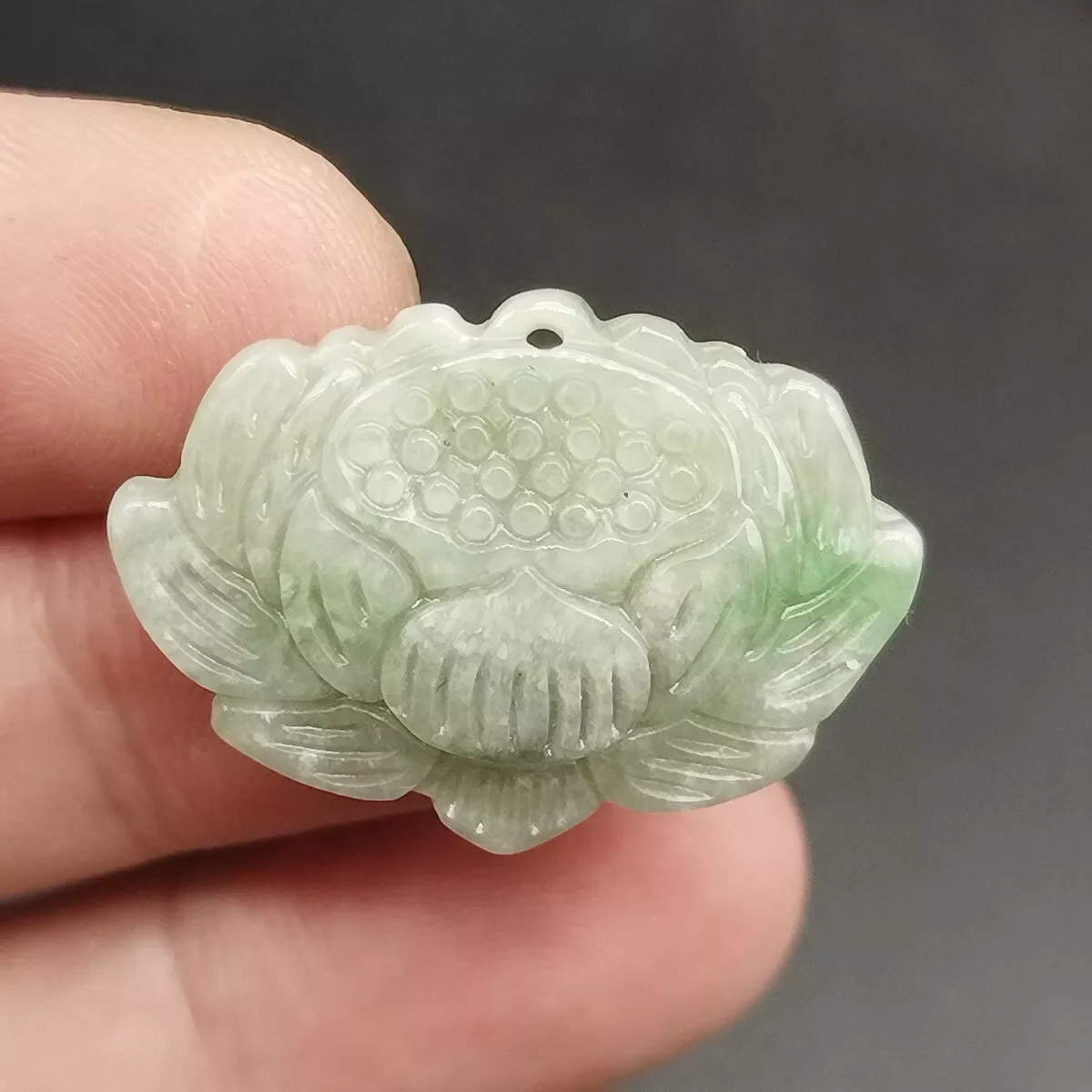 

Certified Lavender Green Natural Type A Jade Jadeite Carved Lotus Flower Pendant