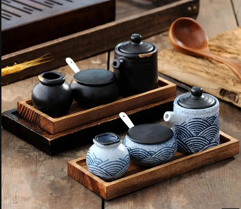 Ceramic Soy Sauce Pot Salt Sugar Pepper Spice Jar Toothpick Box Storage Japanese Home Kitchen Seasoning