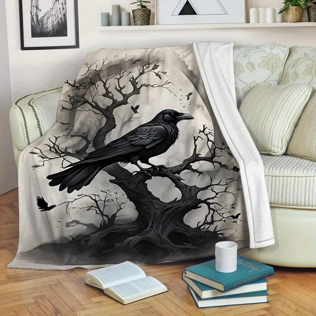 Gothic Crow Print Flannel Throw Blanket - Soft, Warm & Cozy for Couch, Bed, Office, Car, Camping | Versatile All-Season Gift